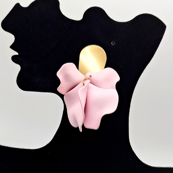 Statement Floral Drop Earrings - Pink Petal & Gold Tone Accent - Picture 1 of 3